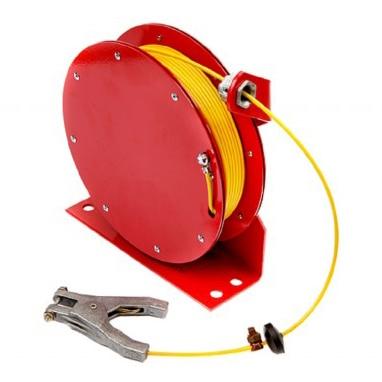The Stewart R. Browne Heavy Duty Static Grounding Cable Reels ML2930-Y features a red self-retracting drum with coiled yellow cable mounted on a flat base, extending to the REB2960 grounding clamp, and includes multiple bolt holes for secure mounting.
