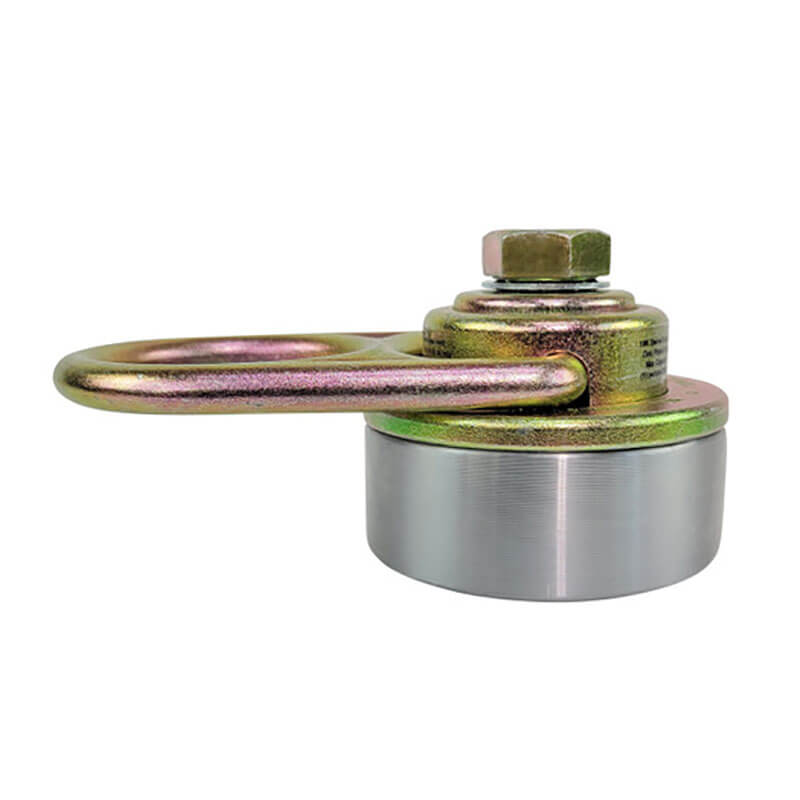 The Frontline MEGA Swivel 10K Steel Anchor with Weld-on Puck by Frontline Fall Production is a round metal anchor with a shiny silver base and a gold swivel eye, secured by a top bolt for reliable 360° anchoring.