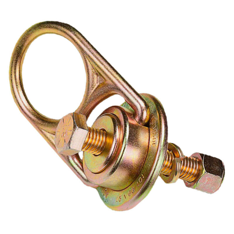The Frontline MEGA Swivel 10k Steel Anchor STM5810K by Frontline Fall Protection features a golden steel design with a large circular swivel ring and two bolts, enabling 360° rotation for flexible fall arrest safety harness attachment.