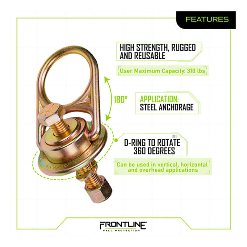 The Frontline MEGA Swivel 10k Steel Anchor STM5810K by Frontline Fall Protection is a high-strength, reusable metal D-ring anchor with a 310 lb capacity and 360° swivel ring, ideal for vertical, horizontal, and overhead steel anchoring.