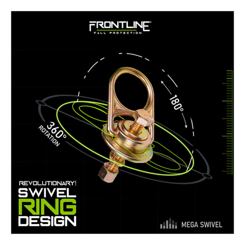 Shown on a black background: the Frontline Fall Protection MEGA Swivel 10k Steel Anchor STM5810K, featuring steel construction and full 360° rotation. Text: "Revolutionary Swivel Ring Design. Mega Swivel. Frontline Fall Protection.
