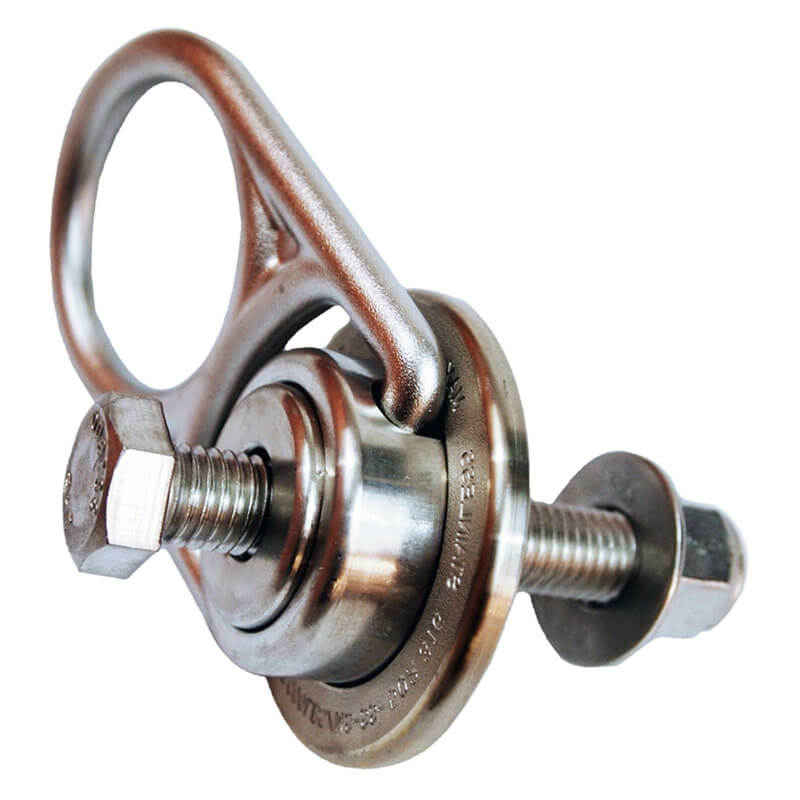 A close-up of the Frontline Fall Protection MEGA Swivel 360° Stainless Steel 5K Steel Anchor, featuring a large eyelet, bolt, washers, and full rotation—ideal for securely attaching ropes to rock surfaces during climbing.