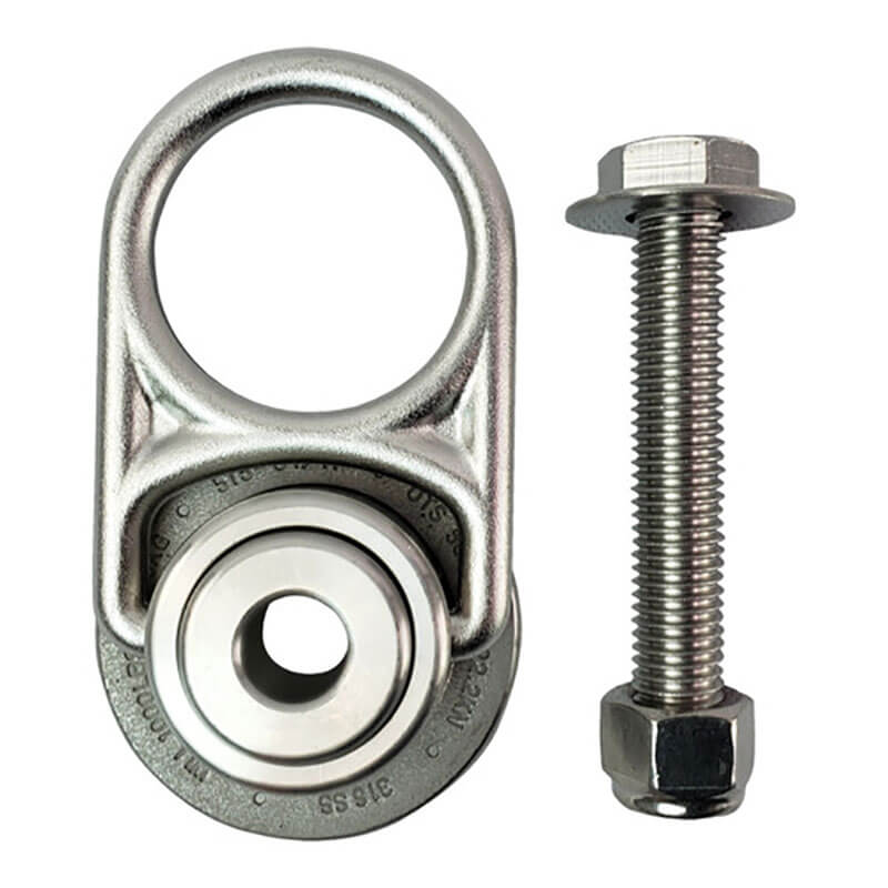 A Frontline Fall Protection MEGA Swivel 360° Stainless Steel 5K Steel Anchor is displayed with a matching bolt and nut, all made of shiny stainless steel, on a white background.