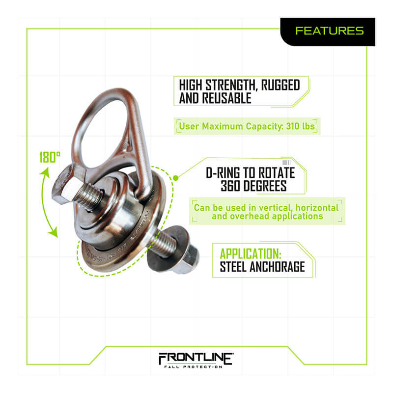 The Frontline Fall Protection MEGA Swivel 360° Stainless Steel 5K Steel Anchor features a D-ring with full 360° rotation for vertical, horizontal, or overhead use. High-strength, reusable anchor supports up to 310 lbs.