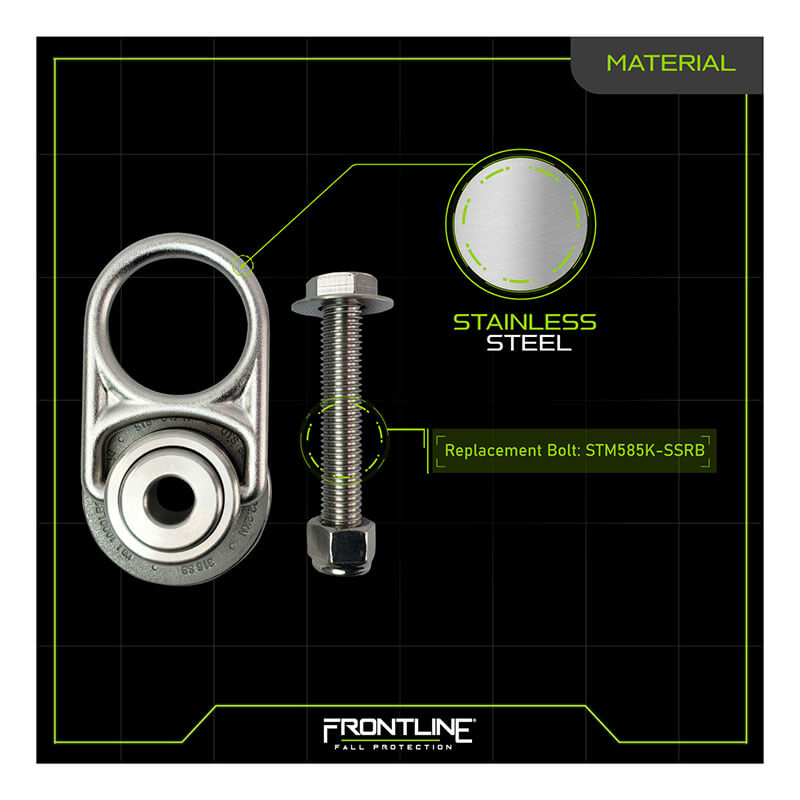 Top-down view of the Frontline MEGA Swivel 360° Stainless Steel 5K Steel Anchor by Frontline Fall Production, shown with threaded bolt, nut, washer, and labeled "Stainless Steel Anchor" on a black grid background.