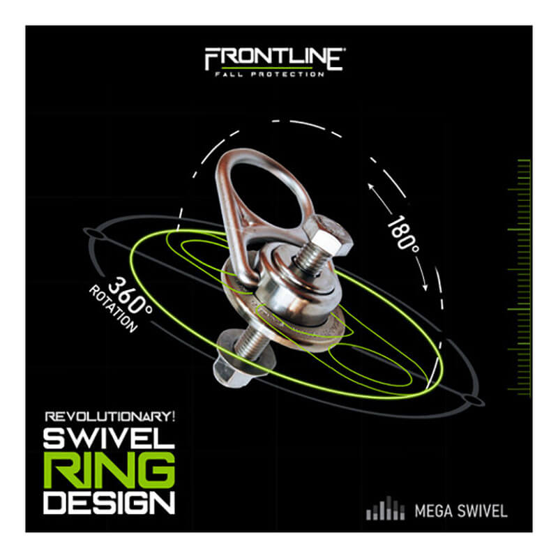 At the center, a metallic swivel ring with bolts is displayed, accented by green and white graphics showing its 360° rotation and 180° movement. Text reads: "Frontline MEGA Swivel 360° Stainless Steel 5K Steel Anchor" by Frontline Fall Production.
