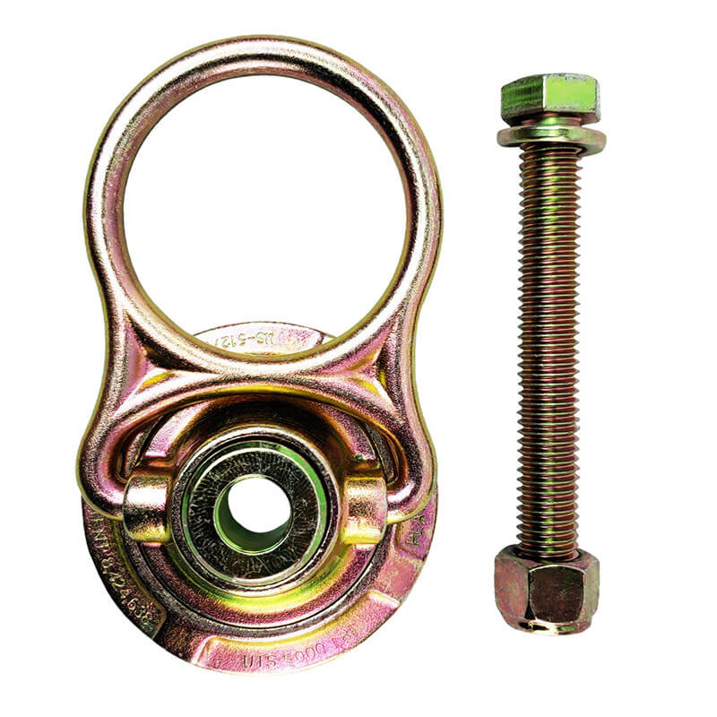 The Frontline MEGA Swivel 5k Steel Anchor STM585K by Frontline Fall Production features a gold-toned finish, sturdy steel construction, a circular ring with threaded hole, and comes with a long threaded bolt and nut.