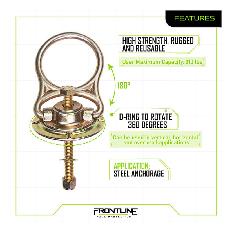 The Frontline MEGA Swivel 5k Steel Anchor STM585K by Frontline Fall Protection is a high-strength, reusable steel swivel anchor with bolt, supports up to 310 lbs, rotates 360°, and suits various steel anchorage positions.