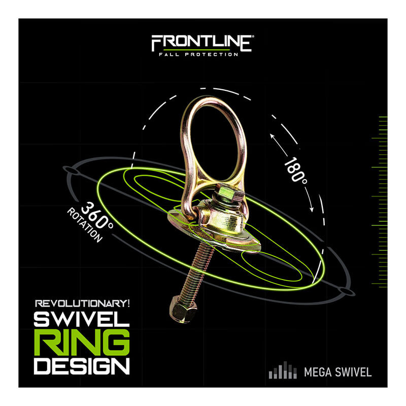 The Frontline MEGA Swivel 5k Steel Anchor STM585K by Frontline Fall Production rotates 360° horizontally and 180° vertically. Features revolutionary swivel ring design, durable steel construction, and reliable performance.
