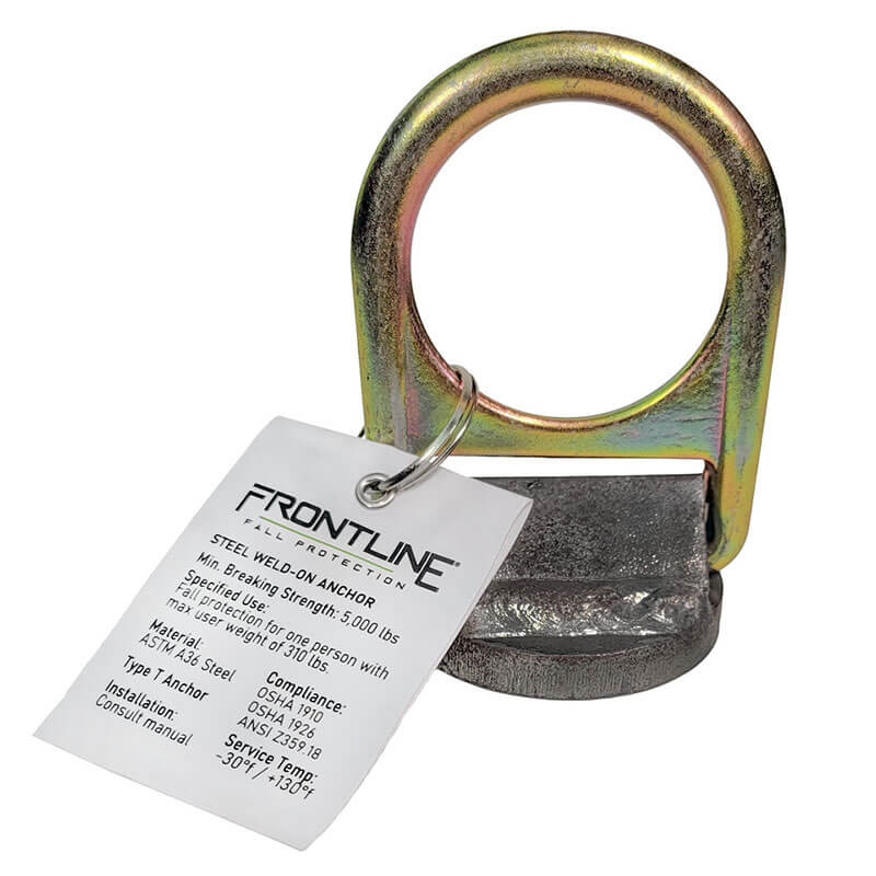 The Frontline Weld-on Anchor STW01 by Frontline Fall Protection is a metal anchor with a circular ring and attached label showing safety, specifications, load limits, and certifications. Made from ASTM-rated steel for fall protection applications.