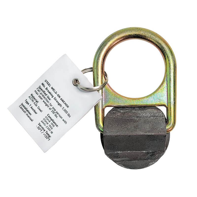 The Frontline Weld-on Anchor STW01 by Frontline Fall Production is made from ASTM-rated steel, featuring a large round ring and black base, with a white tag displaying safety and product details.