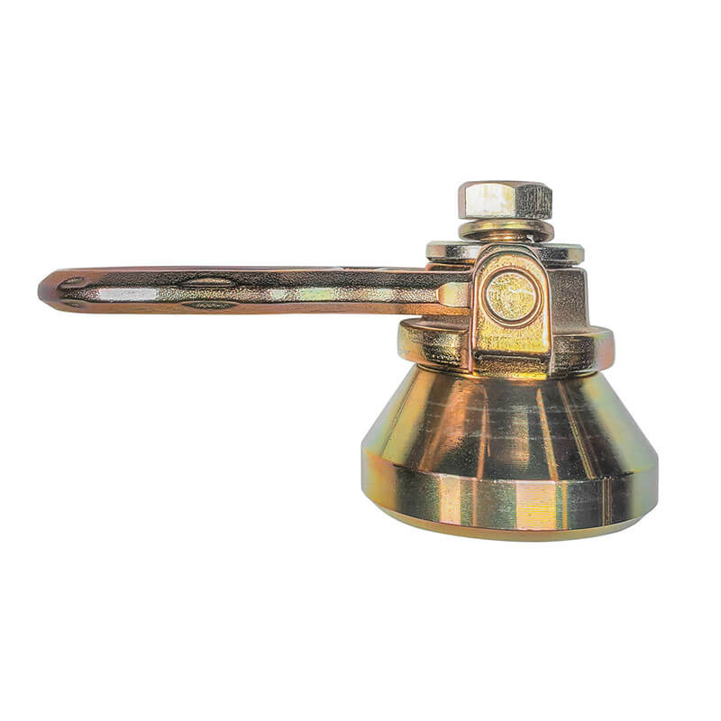 The Frontline Fall Protection ALPHA 5K Steel Swivel Anchor with Weld-on Puck features a metallic, cone-shaped body, a hexagonal bolt on top, and a horizontal handle, displayed against a white background.