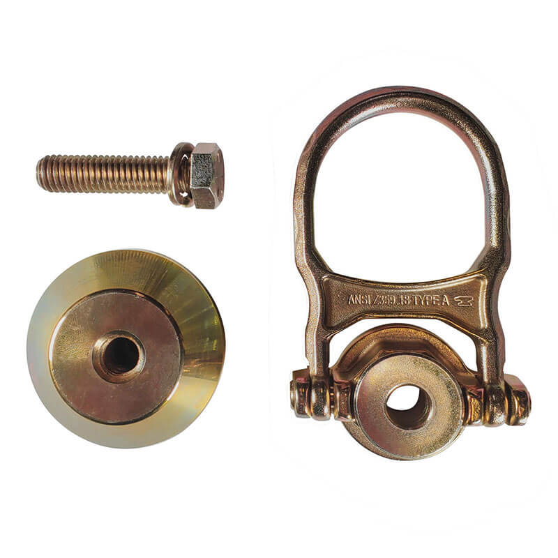 On a white background: the Frontline ALPHA 5K Steel Swivel Anchor with Weld-on Puck by Frontline Fall Protection, showing its hex bolt with nut, round central-hole puck, and U-shaped hinged metal bracket for lifeline systems.