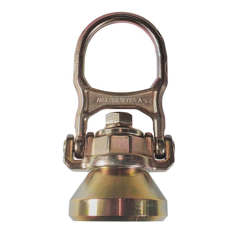 The Frontline ALPHA 5K Steel Swivel Anchor with Weld-on Puck by Frontline Fall Protection features a large loop and secure locking, ideal for attaching safety harnesses or use in Temporary Horizontal Lifeline Systems on industrial or construction sites.