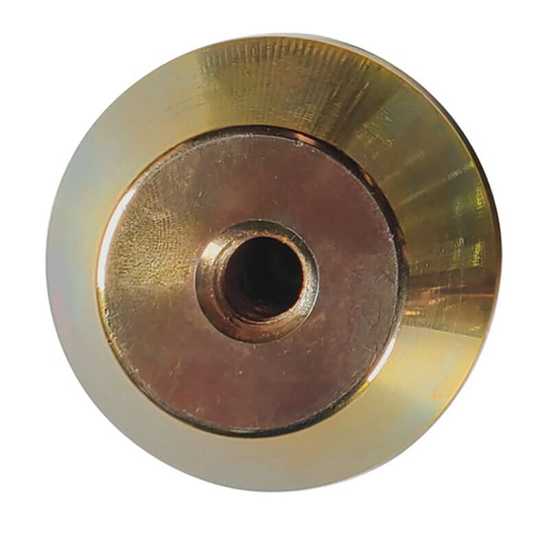 Close-up view of the Frontline ALPHA 5K Steel Swivel Anchor with Weld-on Puck by Frontline Fall Protection, a round metallic fitting with central hole and shiny concentric patterns, used in Temporary Horizontal Lifeline Systems.