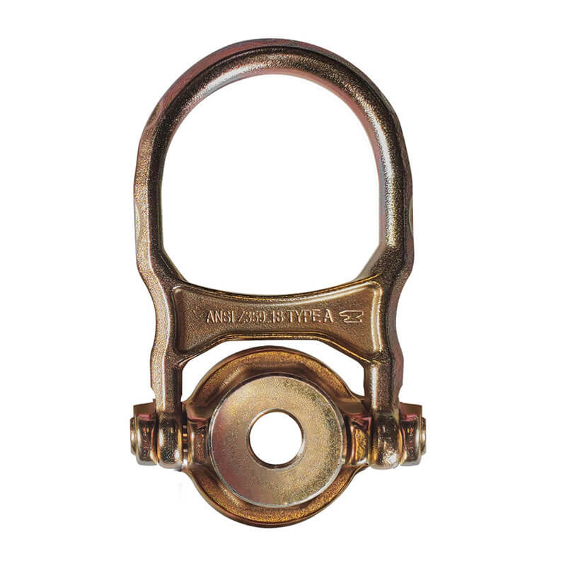 The Frontline Fall Protection ALPHA 5K Steel Swivel Anchor with Weld-on Puck features a circular metallic base with "ANSI Z359.18 TYPE A" engraving, central hole, and a vertical rounded loop above for secure anchorage.