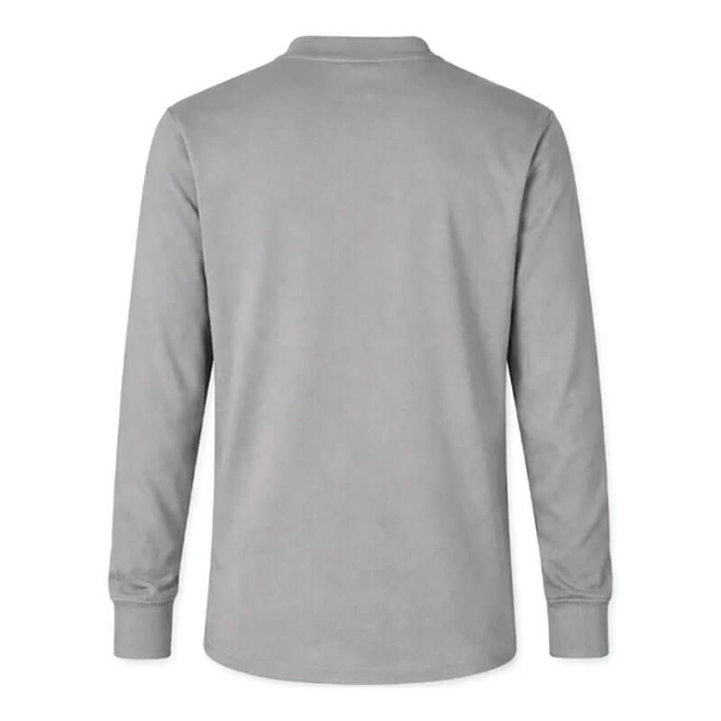 The ForgeFR Forge FR Henley MFRHNLY-004 is a long-sleeved, light gray shirt with a crew neck and ribbed cuffs—designed as NFPA 2112 flame resistant clothing for jobsite safety.