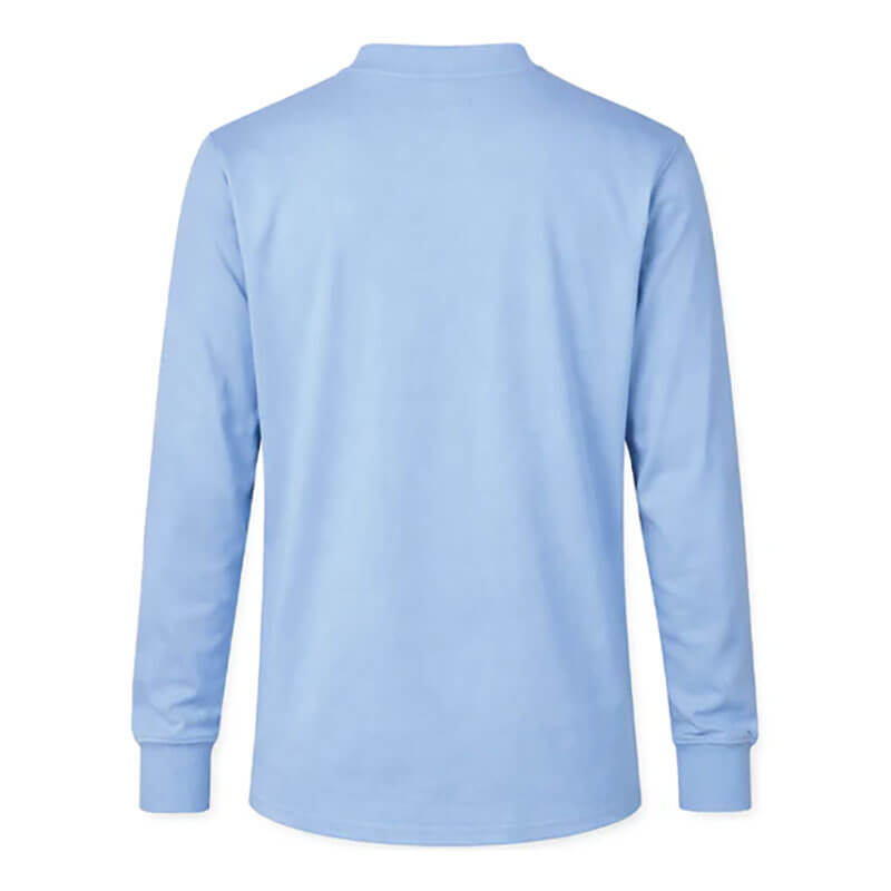 The ForgeFR Forge FR Henley MFRHNLY-004 is a comfortable, light blue, long-sleeve shirt with a crew neckline and ribbed cuffs, shown from the back—NFPA 2112 compliant flame resistant clothing.