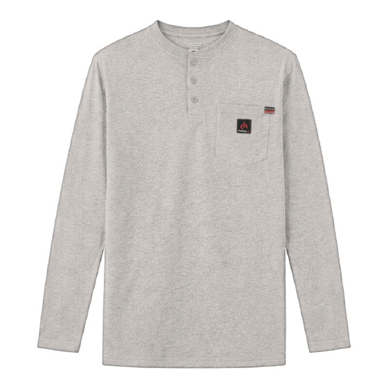 The ForgeFR Forge FR Henley MFRHNLY-004 is a light gray, flame-resistant long-sleeve shirt with a round neck, three-button placket, and chest pocket with black and red logo patch—perfect for comfort and safety on the job.