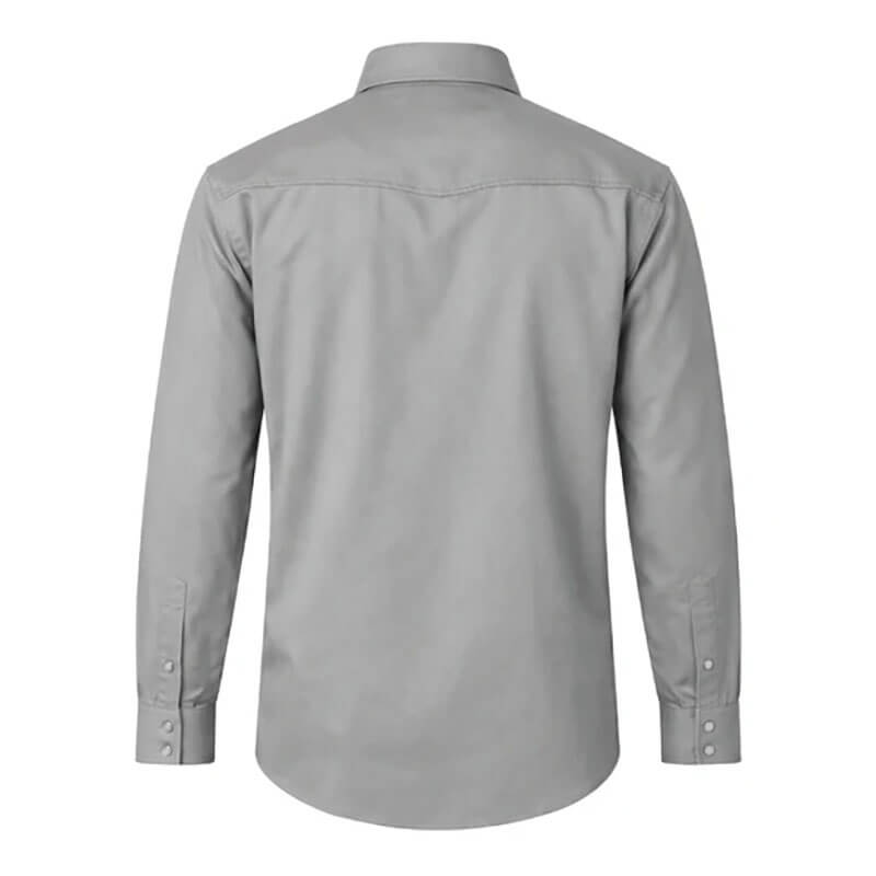The ForgeFR Forge FR Solid Shirt MFRSLD-002 is a plain light gray long-sleeve button-up with a classic collar and buttoned cuffs, shown from the back. It meets NFPA 2112 standards for reliable flame-resistant protection.