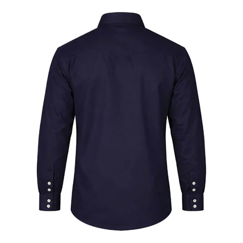 The ForgeFR Forge FR Solid Shirt MFRSLD-002 is a navy blue, long-sleeve, flame-resistant shirt with a classic collar and buttoned cuffs. Plain and NFPA 2112 certified, it’s ideal professional FR workwear. Shown from the back.
