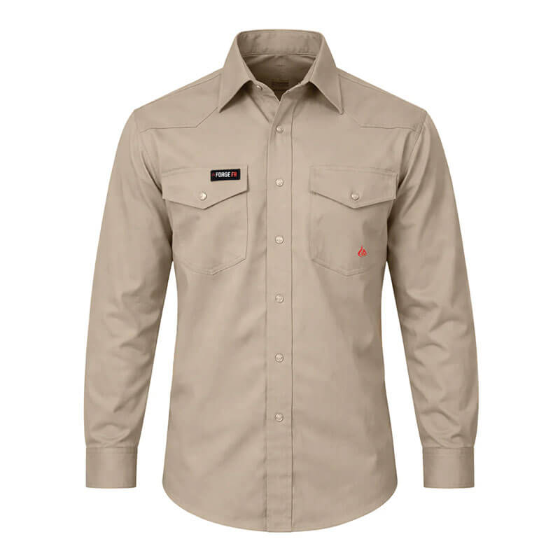 The ForgeFR MFRSLD-002 is a beige, long-sleeve, flame-resistant shirt with buttoned cuffs/front, two chest flap pockets, and a "FORGE FX" name patch above the left pocket. NFPA 2112 compliant for superior FR protection.