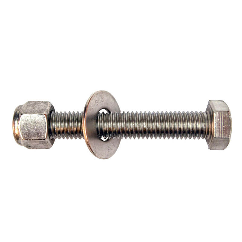 A Frontline Fall Production Frontline MEGA Swivel 360° Stainless Steel 5K Steel Anchor, featuring a bolt with washer and two nuts, shown isolated on a white background.