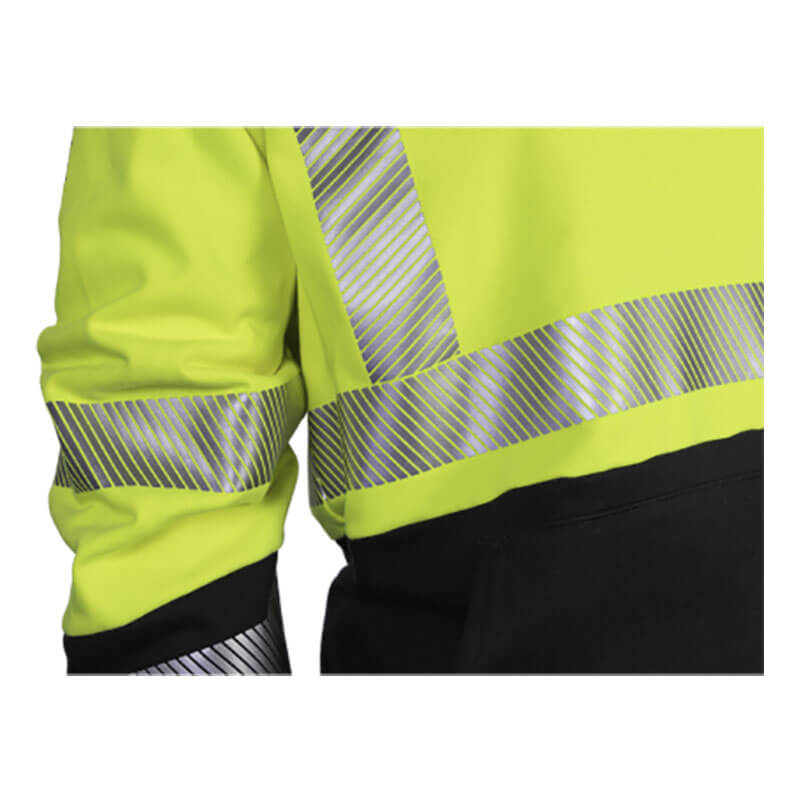 Close-up of a person wearing the NSA DRIFIRE FR Hybrid Lined Zip Hoodie, a high-visibility yellow garment with reflective silver stripes on the sleeves and torso. This inherently flame-resistant hoodie has an impressive arc rating of 34 cal/cm² and is paired with a black garment underneath.