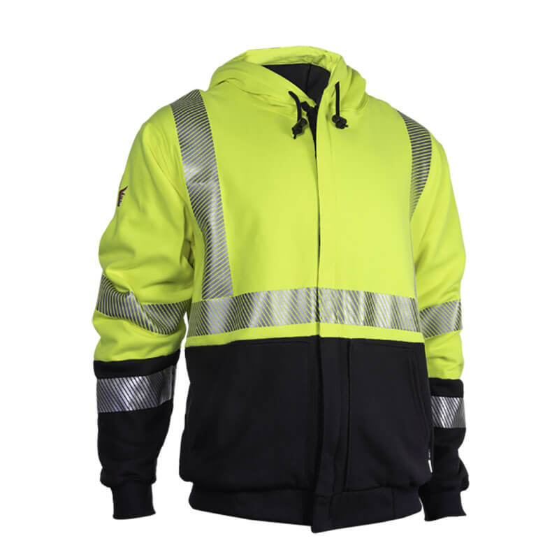 Introducing the NSA DRIFIRE FR Hybrid Lined Zip Hoodie from NSA, a high-visibility garment in bright yellow and black. This zip-up hoodie features reflective silver stripes on the chest and arms to enhance visibility. Designed for comfort, it includes a drawstring hood and is made from inherently flame-resistant material with an impressive Arc Rating of 34 cal/cm².