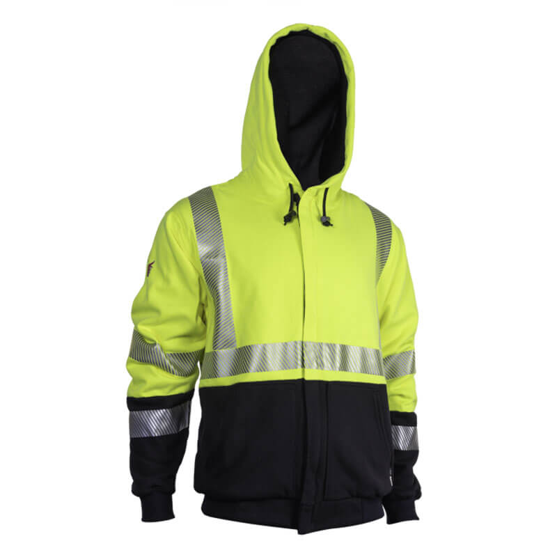 The NSA DRIFIRE FR Hybrid Lined Zip Hoodie is a high-visibility, hooded yellow and black jacket featuring reflective silver stripes across the chest, arms, and lower back. This inherently flame-resistant design has an arc rating of 34 cal/cm² and includes a front zipper as well as adjustable hood drawstrings.