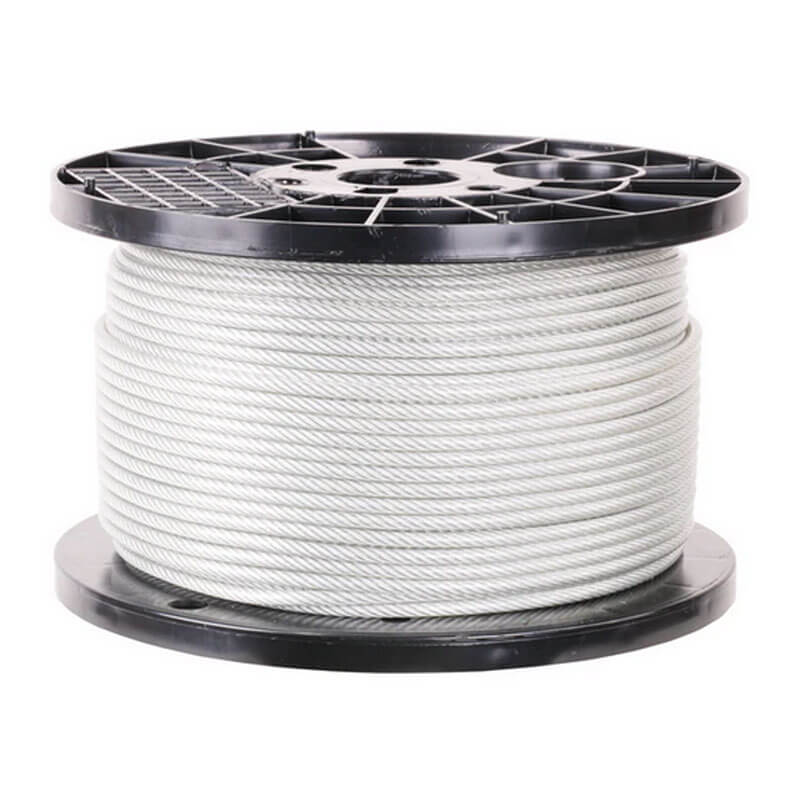 A large spool of Frontline Warning Line System 1' Steel Cable with Coating by Frontline Fall Protection is wound around a black plastic reel, often used in industrial or construction settings.