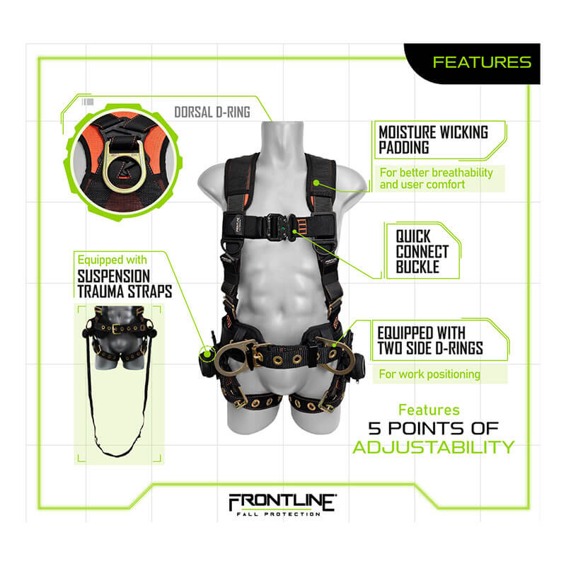 The Frontline Combat Harness by Frontline Fall Protection features tongue buckle legs, trauma straps, dorsal and side D-rings, moisture wicking padding, and five adjustable points for maximum construction safety.