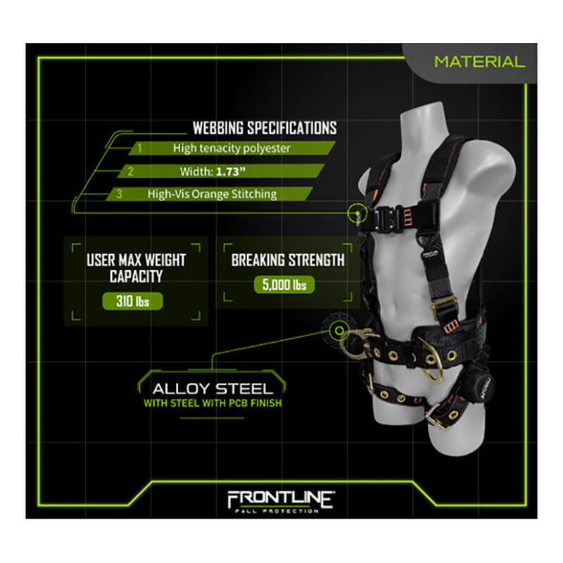 The Frontline Combat Harness w/Tongue Buckle Legs by Frontline Fall Protection is shown on a mannequin, featuring orange stitching, high-tenacity polyester (1.73" wide), 310 lb capacity, 5,000 lb breaking strength, and alloy steel hardware for construction safety.