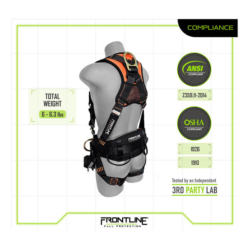 A person wears the Frontline Combat Harness w/Tongue Buckle Legs and Trauma Straps by Frontline Fall Protection, shown from rear and side. ANSI/OSHA compliant, 6–6.3 lbs, with suspension trauma straps for construction safety.