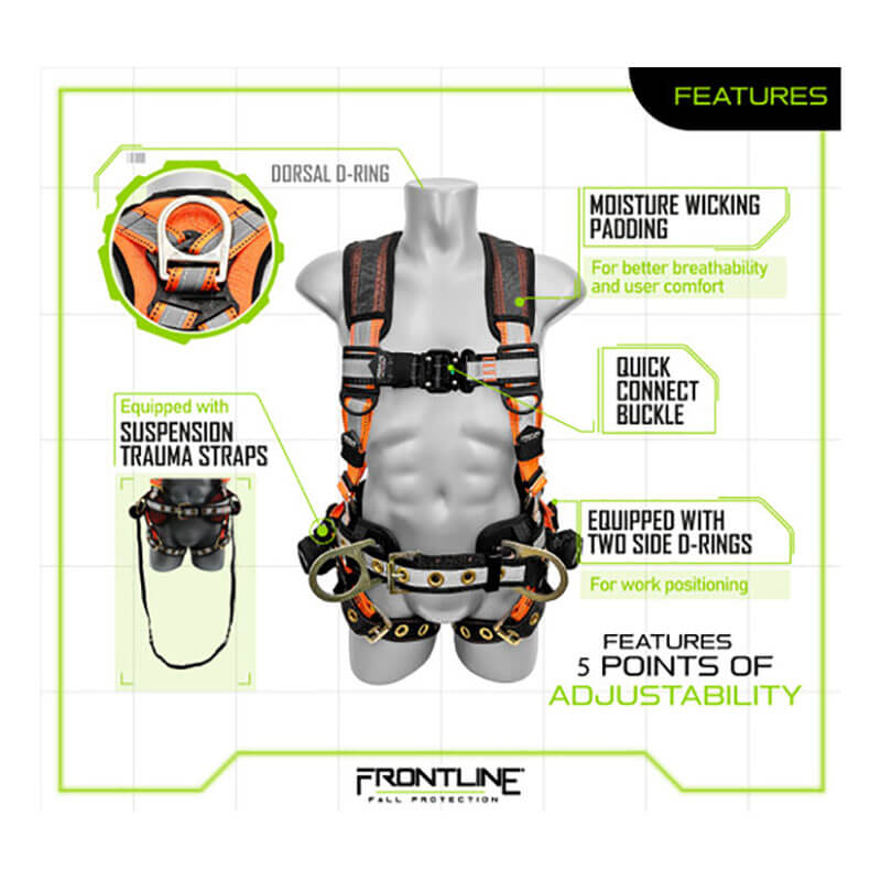 Image of the Frontline Combat Reflective Construction Full Body Harness 100RCTB by Frontline Fall Protection, showing labeled features: dorsal D-ring, moisture-wicking padding, quick connect buckle, suspension trauma straps, two side D-rings, and 5-point adjustability.
