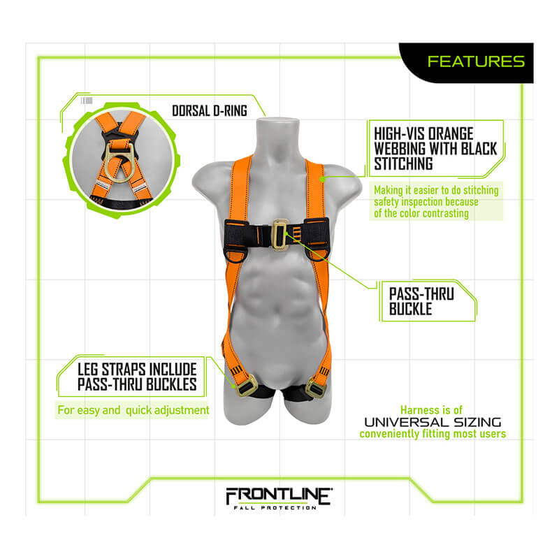 Image of the Frontline Combat Economy Series Full Body Harness 100VMB-UN in safety orange with black stitching, featuring a dorsal D-ring, pass-thru buckles on leg straps and chest, and universal sizing by Frontline Fall Protection.