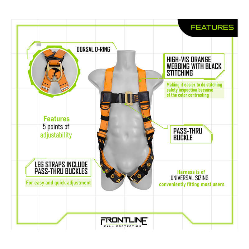 A gray mannequin wears the Frontline Combat Economy Full Body Harness w/Tongue Buckle Legs by Frontline Fall Protection in hi-vis orange polyester with black stitching, dorsal D-ring, five adjustment points, and leg straps with tongue buckles.