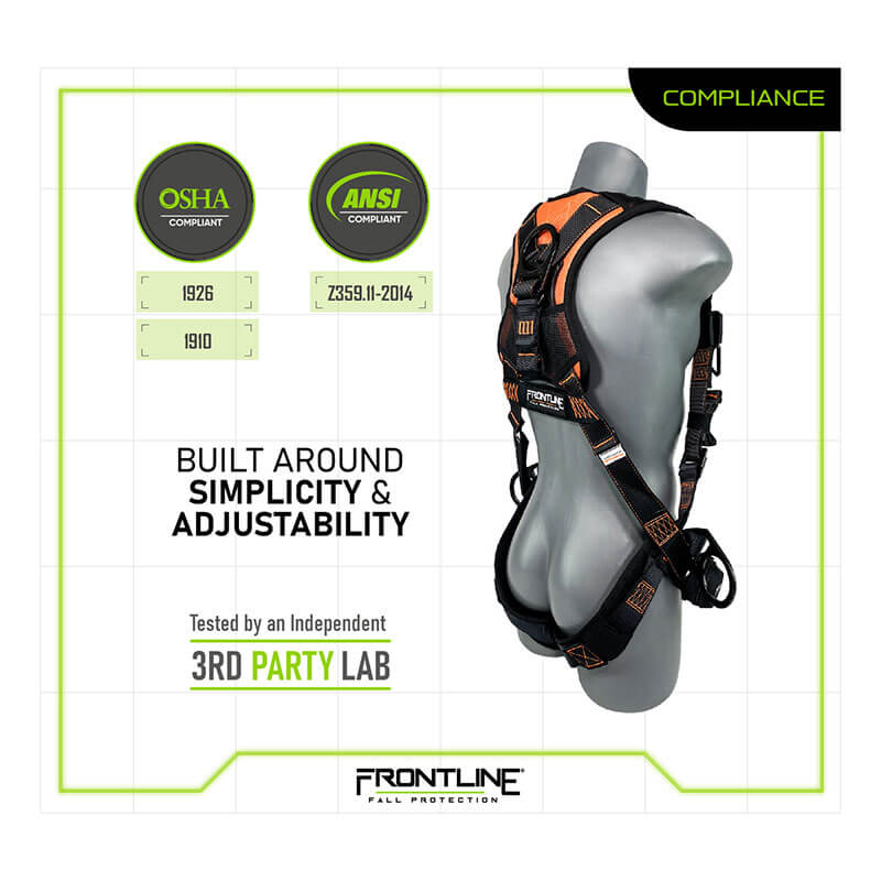 A silver mannequin wears the Frontline Combat Vest Harness with front side D-rings and straps. OSHA and ANSI compliant, third-party lab tested, simple to use, easily adjustable. "Frontline Fall Protection" logo shown at the bottom.