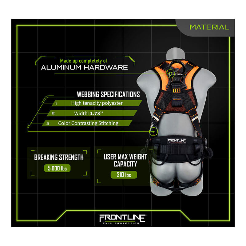 The Frontline Combat Lite Harness by Frontline Fall Protection is shown on a mannequin, featuring aluminum hardware, high tenacity polyester webbing, trauma straps, contrast stitching, 5,000 lb breaking strength, and a 310 lb max user weight.