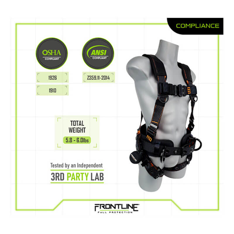 Image shows the Frontline Fall Protection Combat Lite Harness Aluminum HW & Trauma Straps in black with orange stitching on a mannequin, with OSHA and ANSI badges, "Total Weight 5.8–6.0 lbs," and "Tested by 3rd Party Lab" text displayed.