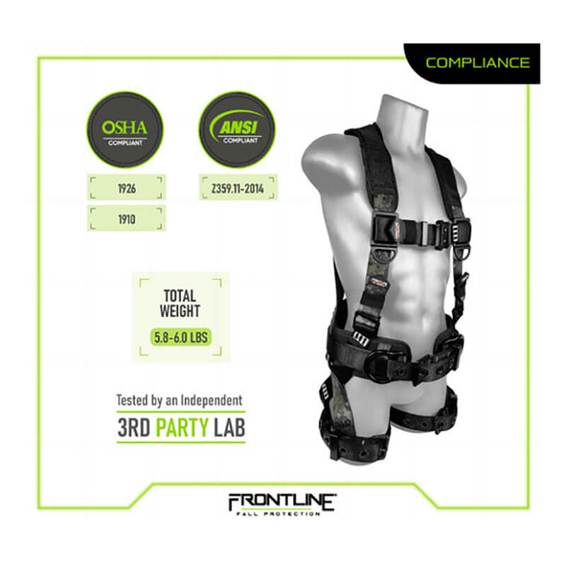 The Frontline Digital Camo Harness w/Aluminum HW & Trauma Straps by Frontline Fall Protection is OSHA and ANSI compliant, features adjustable black straps, aluminum hardware, buckles, weighs 5.8–6.0 lbs., and displays compliance labels and the brand logo.