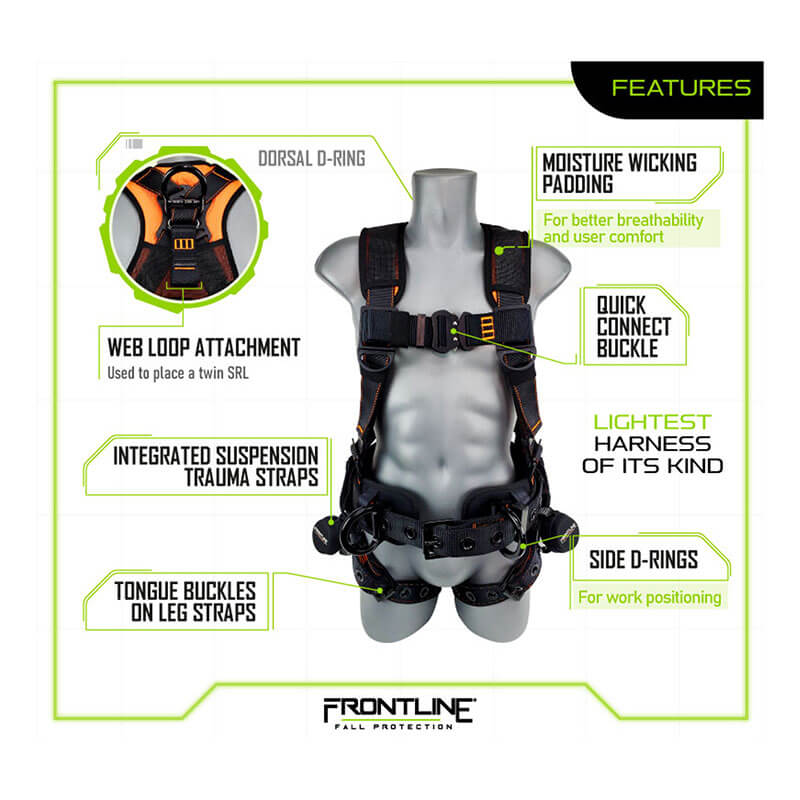 A mannequin displays the Frontline Combat Lite Harness Aluminum HW & Trauma Straps by Frontline Fall Protection, featuring dorsal and side D-rings, suspension trauma straps, quick connect buckle, tongue buckles, and moisture-wicking padding.