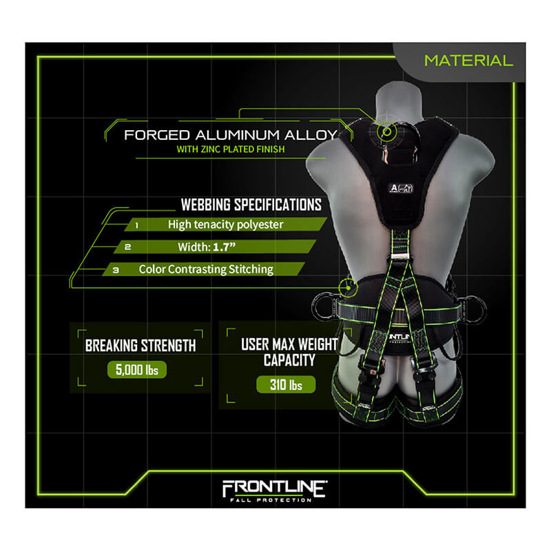 The Frontline Fall Protection Elite Rescue Harness w/Aluminum Quick Connect is shown on a mannequin, highlighting forged aluminum alloy, quick connect buckles, high tenacity polyester webbing (1.7" wide), contrasting stitching, and 310 lbs max user weight.