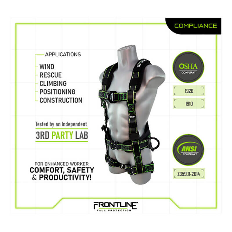 The Frontline Fall Protection Elite Rescue Harness w/Aluminum Quick Connect in black and neon green is a lightweight, OSHA and ANSI compliant full-body harness for wind, rescue, climbing, positioning, and construction. Tested for comfort and safety.