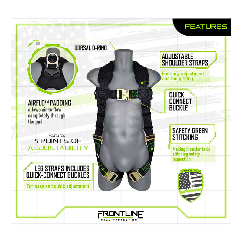 The Frontline Patriot Vest Harness with Airflo, Quick Connect is shown in black and green, highlighting its Dorsal D-Ring, adjustable shoulder straps, quick connect buckles, breathable padding, and heavy-duty stitching. Frontline Fall Protection logo displayed below.