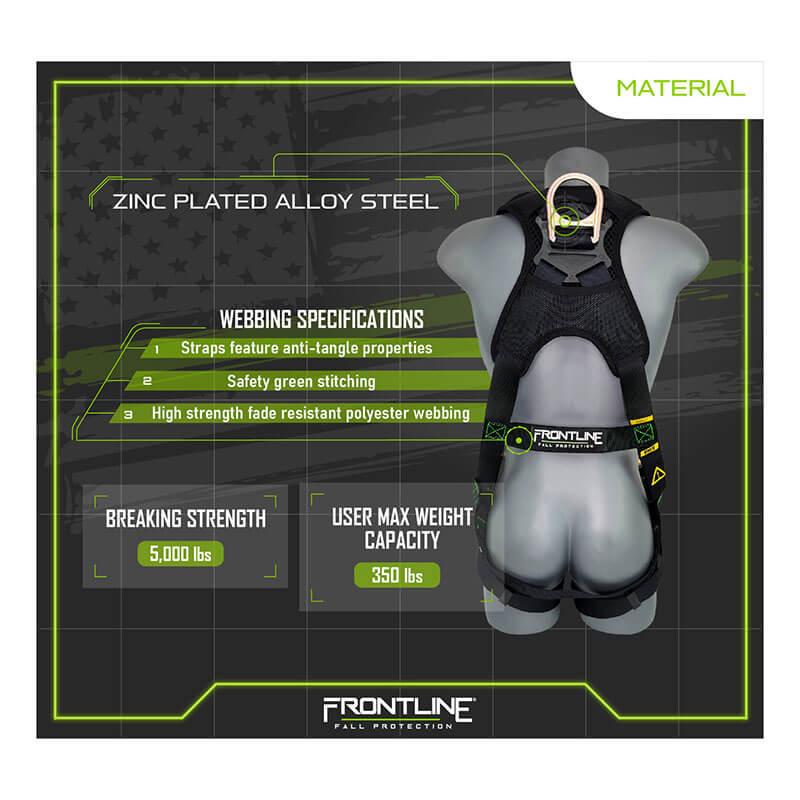 A mannequin showcases the Frontline Patriot Vest Harness with Airflo, Quick Connect by Frontline Fall Protection—black with green stitching, zinc-plated alloy steel, 5,000 lb breaking strength, 350 lb max user weight. The FRONTLINE logo is visible below.