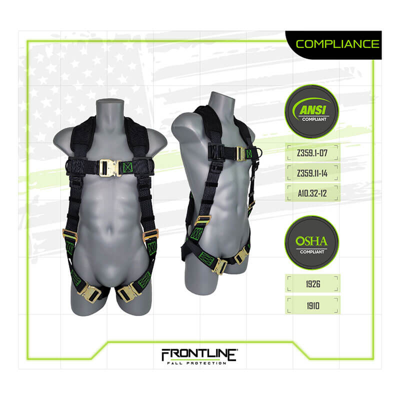 Two mannequins display Frontline Patriot Vest Harness with Airflo, Quick Connect by Frontline Fall Protection, featuring black material, green stitching, gold hardware, and quick connect buckles. ANSI/OSHA compliant. Brand logo at the bottom.