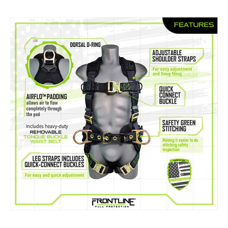 The Frontline Patriot Harness w/Airflo & Quick Connect 350CQC by Frontline Fall Protection features a dorsal D-ring, adjustable shoulder straps, quick-connect buckles, breathable Airflo padding, removable waist belt, green safety stitching, and leg quick-connects.
