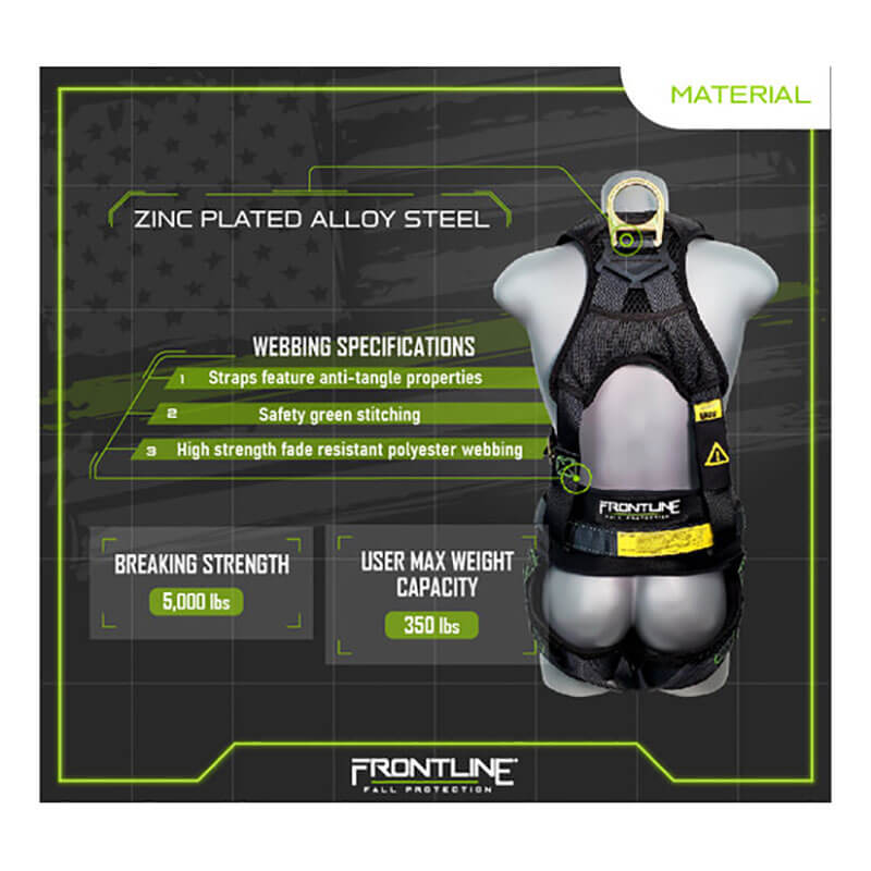 The Frontline Patriot Harness w/Airflo & Quick Connect 350CQC by Frontline Fall Protection is shown on a mannequin, featuring zinc-plated steel, breathable padding, 5,000 lbs breaking strength, and a 350 lbs user max. The FRONTLINE Fall Protection logo is below.