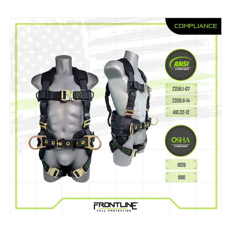 Two black Frontline Patriot Harness w/Airflo & Quick Connect 350CQC by Frontline Fall Protection with green stitching are shown on mannequins. ANSI and OSHA compliance badges are at right, and the brand logo appears at the bottom.